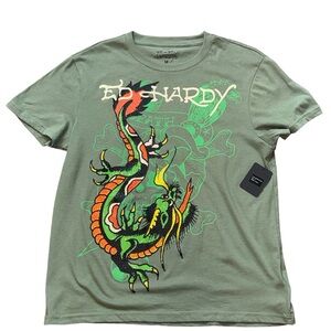 Ed Hardy Olive Dragon Tee with Neon Orange & Yellow Accents
